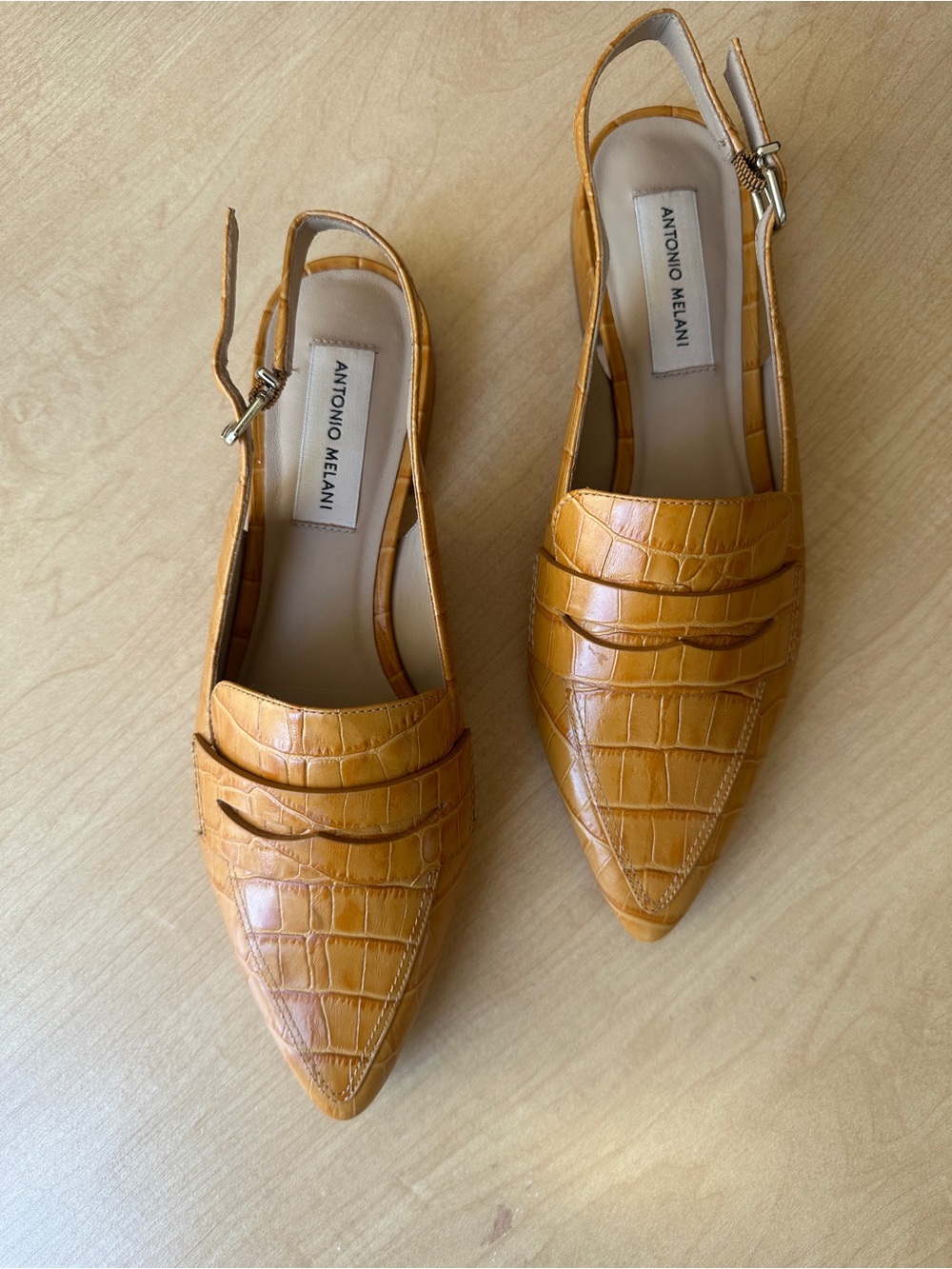 ANTONIO MELANI All Leather Croc-Embossed Pointed Slingbacks Mustard - SIze 7